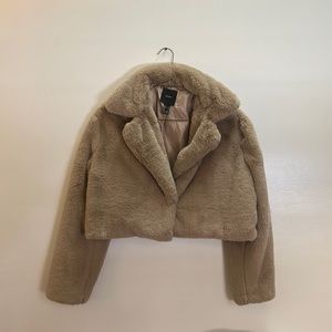 Light Brown Cropped Faux Fur Button-Up Coat